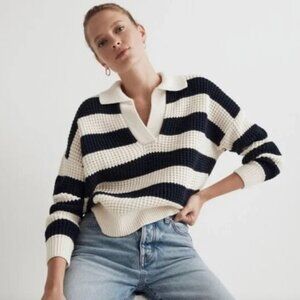 Madewell Waffle Knit Henley Striped Sweater Womens XS Navy White Collared